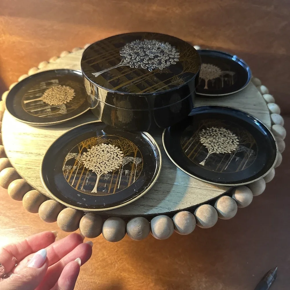 Set 5 of Otagiri Japan Black Lacquer Metallic Gold Tree Trays and Trinket Box